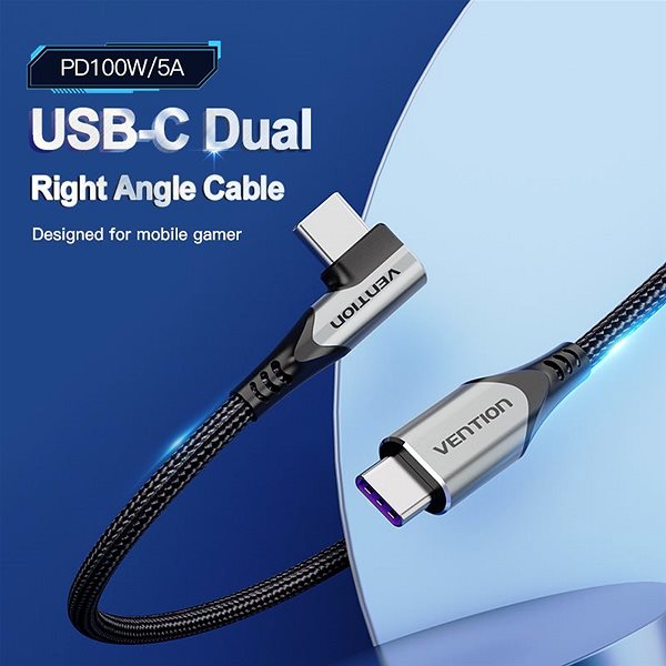 Data Cable Vention Type-C (USB-C) 2.0 Right Angle to USB-C 0.5M Grey Aluminium Alloy Type Lifestyle