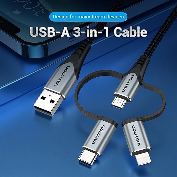 Data Cable Vention MFi USB 2.0 to 3-in-1 Micro USB & USB-C & Lightning Cable 0.5M Gray Aluminum Alloy Type Connectivity (ports)