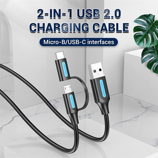 Adatkábel Vention USB 2.0 to 2-in-1 Micro USB + USB-C Cable 0.25m Black PVC Type Lifestyle