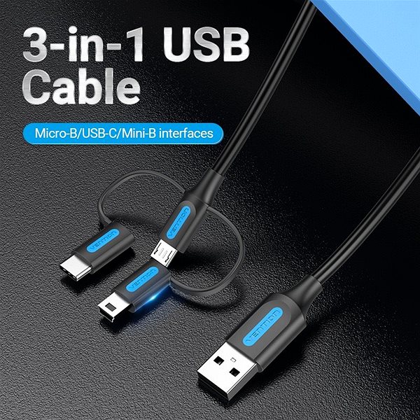 Dátový kábel Vention USB 2.0 to 2-in-1 Micro USB & USB-C & Mini USB Cable 1M Black PVC Type Lifestyle