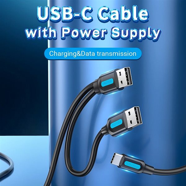 Dátový kábel Vention USB 2.0 to USB-C Cable with USB Power Supply 0.5M Black PVC Type Lifestyle