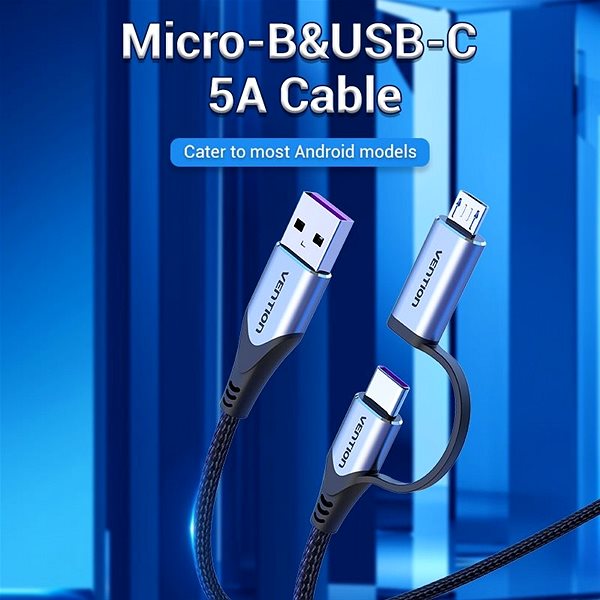 Data Cable Vention USB 2.0 to 2-in-1 USB-C & Micro USB Male 5A Cable 0.5m Gray Aluminum Alloy Type Lifestyle