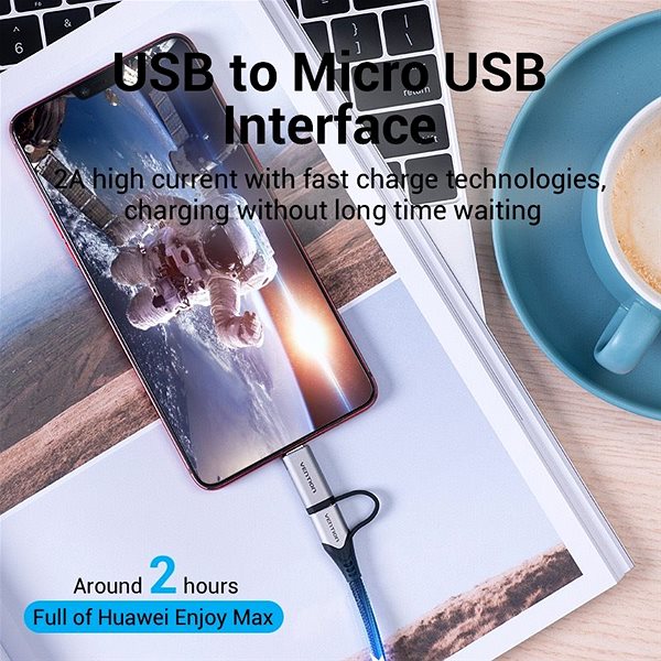 Data Cable Vention USB 2.0 to 2-in-1 USB-C & Micro USB Male 5A Cable 0.5m Gray Aluminum Alloy Type Connectivity (ports)
