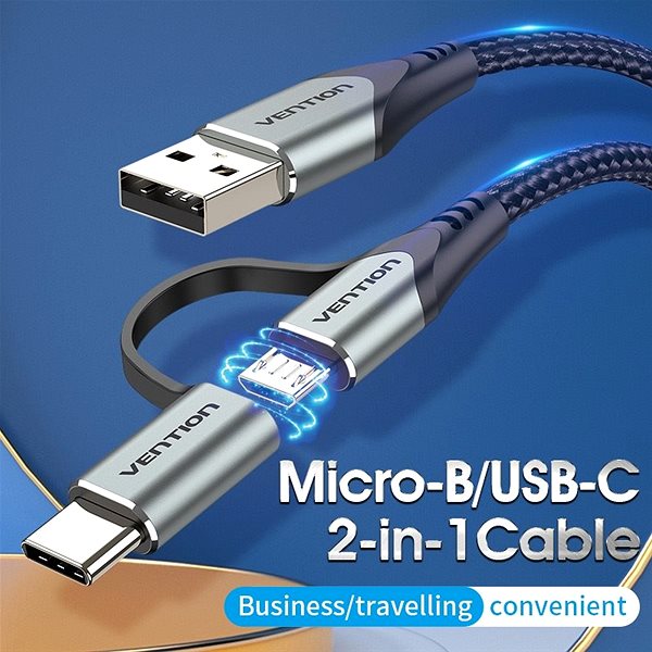 Data Cable Vention USB 2.0 to 2-in-1 Micro USB & USB-C Cable 0.5m Gray Aluminum Alloy Type Lifestyle
