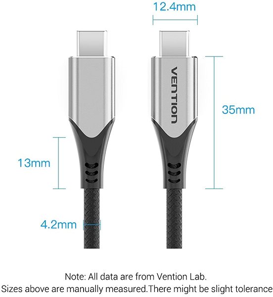 Dátový kábel Vention Nylon Braided Type-C (USB-C) Cable (4 K/PD/60 W/5 Gbps/3 A) 1 m Gray Technický nákres