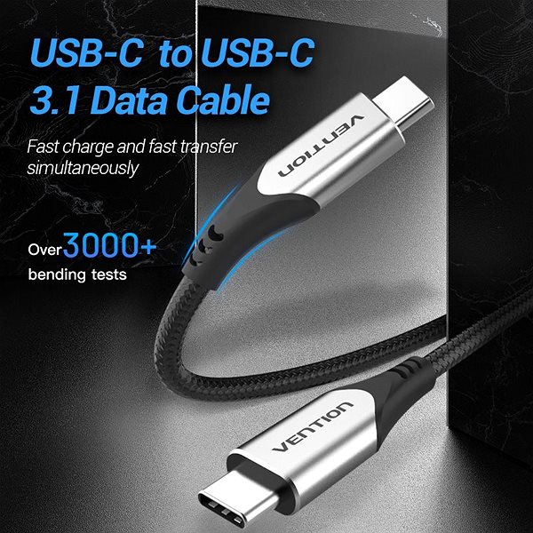 Data Cable Vention Nylon Braided Type-C (USB-C) Cable (4K/PD/60W/5Gbps/3A), 1m, Grey Connectivity (ports)