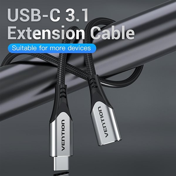 Data Cable Vention Nylon Braided Type-C (USB-C) Extension Cable (4K/PD/60W/5Gbps/3A), 0.5m, Grey Connectivity (ports)