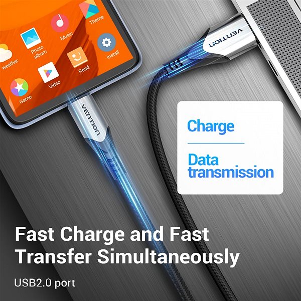 Data Cable Vention Luxury USB 2.0 -> microUSB Cable 3A, Grey, 0.25m, Aluminium Alloy Type Connectivity (ports)