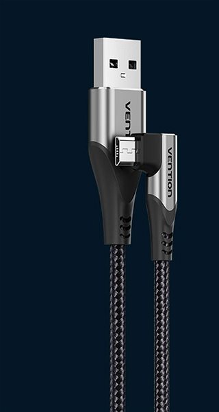 Adatkábel Vention 90° USB 2.0 -> microUSB Cotton Cable Gray 0.25m Aluminium Alloy Type ...