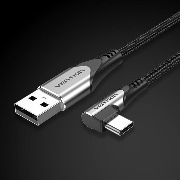 Adatkábel Vention Type-C (USB-C) 90° to USB 2.0 Cotton Cable Gray 0.25m Aluminum Alloy Type Lifestyle