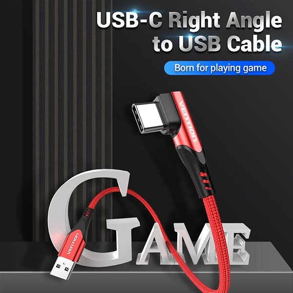 Adatkábel Vention Type-C (USB-C) 90° to USB 2.0 Cotton Cable Red 1.5m Aluminum Alloy Type Lifestyle