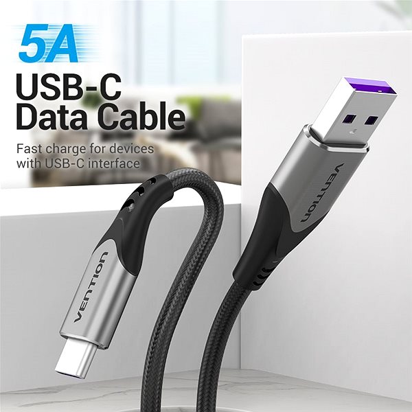 Adatkábel Vention USB-C to USB 2.0 Fast Charging Cable 5A 0.25m Gray Aluminum Alloy Type ...