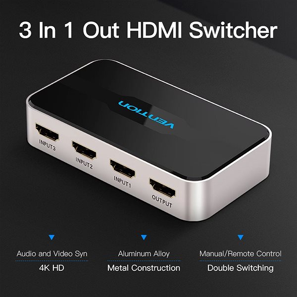 Switch Vention 3 In 1 Out HDMI Switcher Gray Metay Type Vlastnosti/technológia
