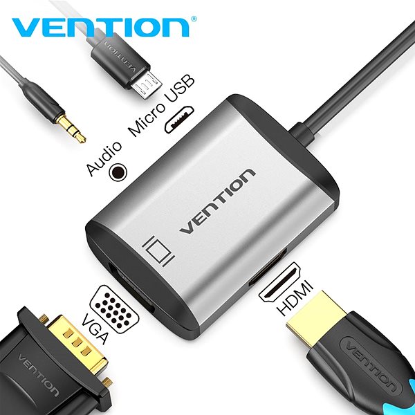 Adapter Vention HDMI to HDMI + VGA Converter 0.15m Gray Metal Type Anschlussmöglichkeiten (Ports)