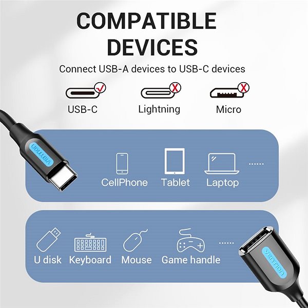 Adapter Vention USB-C (M) to USB (F) OTG Cable 0.15m Black PVC Type Anschlussmöglichkeiten (Ports)
