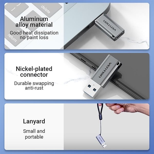 Adapter Vention USB 3.0 (M) to USB-C (F) Adapter Grey AluminIum Alloy Type Features/technology