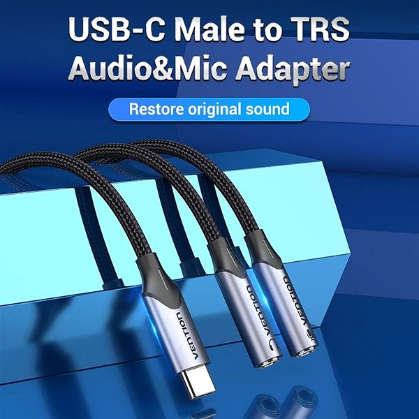 Adapter Vention USB-C Male to TRS Audio & Mic Jack 0.3M Gray Aluminum Alloy Type Mermale/Technologie