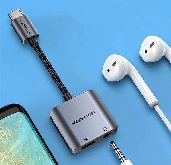 Adapter Vention Cotton Braided USB-C (M) to 3.5mm (F) Audio with PD 0.1M Gray Aluminium Alloy Type Lifestyle