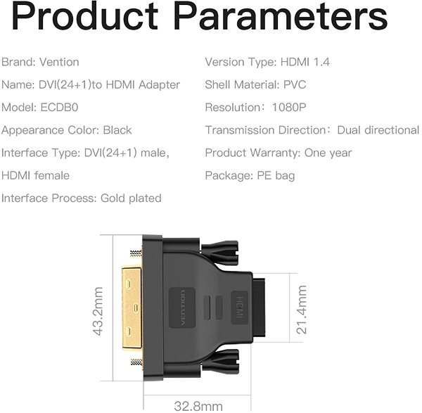 Átalakító Vention DVI (24+1) Male to HDMI Female Adapter - fekete Műszaki vázlat