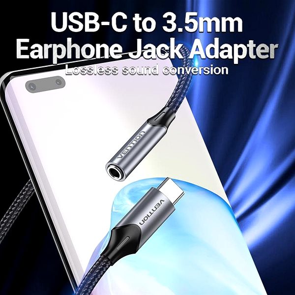 AUX Cable Vention USB-C Male to 3.5mm Earphone Jack With DAC Adapter 0.1m Gray Aluminum Alloy Type Features/technology