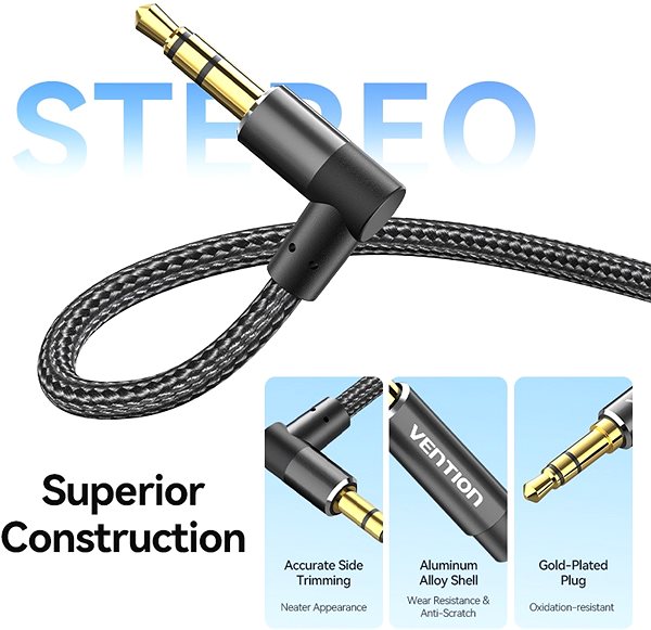 AUX Cable Vention Cotton Braided 3.5mm Male to Male Right Angle Audio Cable 2M Black Aluminum Alloy Type ...