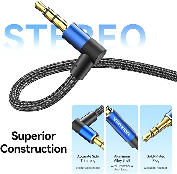 AUX Cable Vention Cotton Braided 3.5mm Male to Male Right Angle Audio Cable 1M Blue Aluminum Alloy Type ...