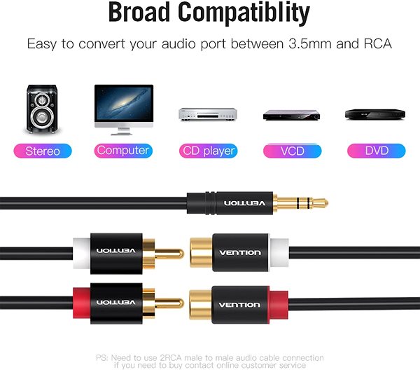 AUX Cable Vention 3.5mm Male to 2x RCA Female Audio Cable, 0.3m, Black, Metal Type Features/technology