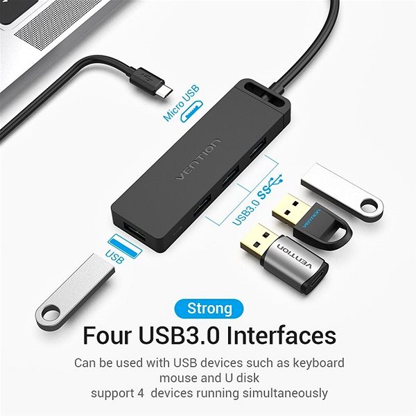 USB Hub Vention Type-C to 4-Port USB 3.0 Hub with Power Supply Black 0.15M ABS Type Connectivity (ports)