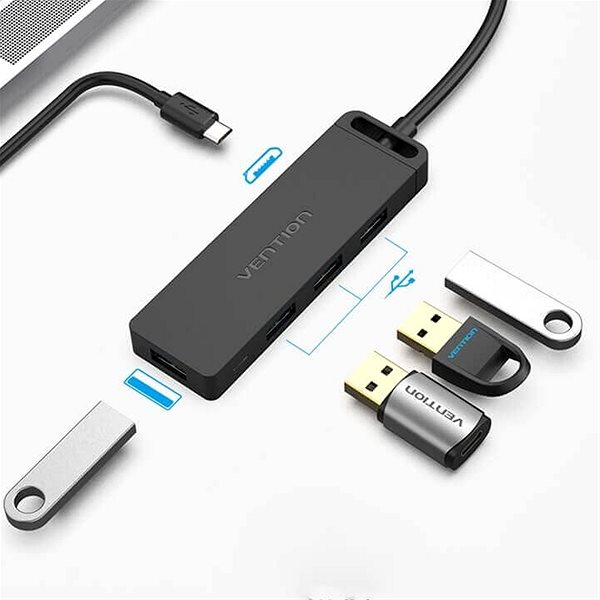USB Hub Vention Type-C to 4-Port USB 3.0 Hub with Power Supply Black 0.5M ABS Type Connectivity (ports)