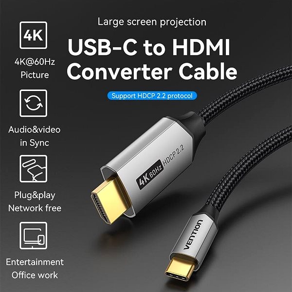 Videokábel Vention Cotton Braided USB-C to HDMI Cable 1m Black Aluminum Alloy Type Jellemzők/technológia
