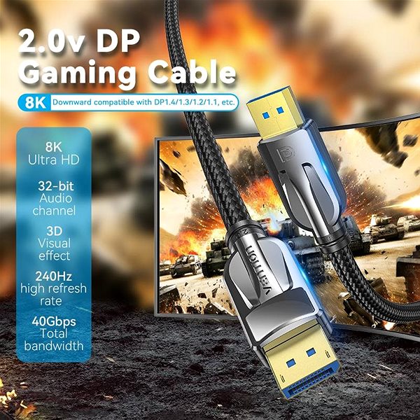 Video kábel Vention Cotton Braided DP 2.0 Male to Male 8K HD Cable 1,5 m Black Zinc Alloy Type Vlastnosti/technológia