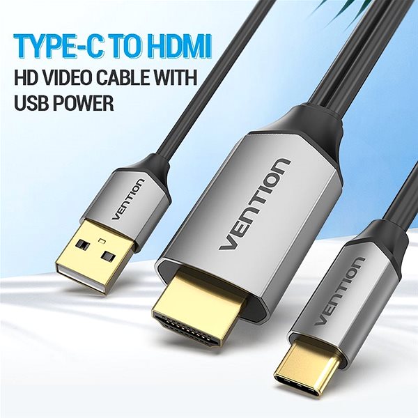 Video Cable Vention Type-C (USB-C) to HDMI Cable with USB Power Supply, 1.5m, Black, Metal Type Features/technology