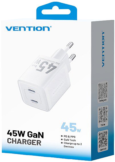 Wall Charger Vention 2-Port USB (C+C) GaN Charger (45W/45W) EU-Plug White ...