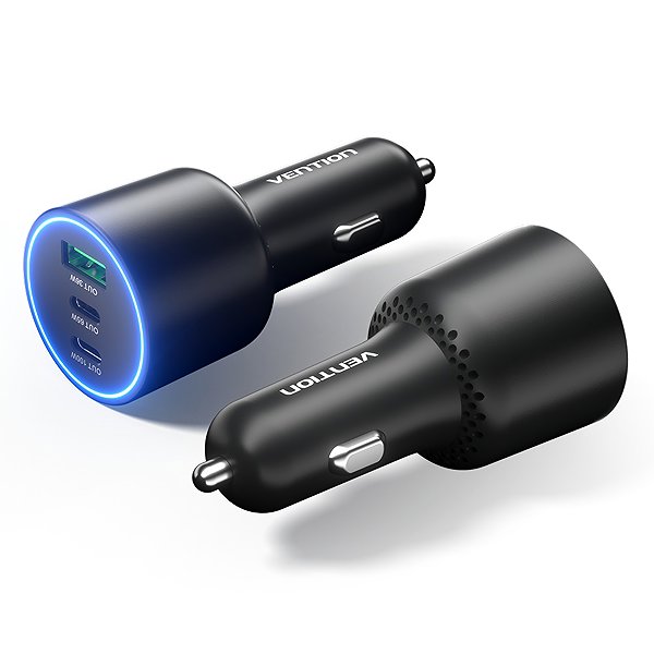 Car Charger Vention Three-Port USB C+C+A (100W+65W+36W) Car Charger Black ABS Type ...