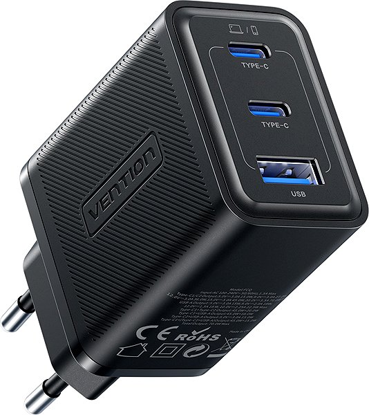Netzladegerät Vention 3-Port USB (C + C + A) SiC Charger (70W/70W/22,5W) EU-Plug Black ...