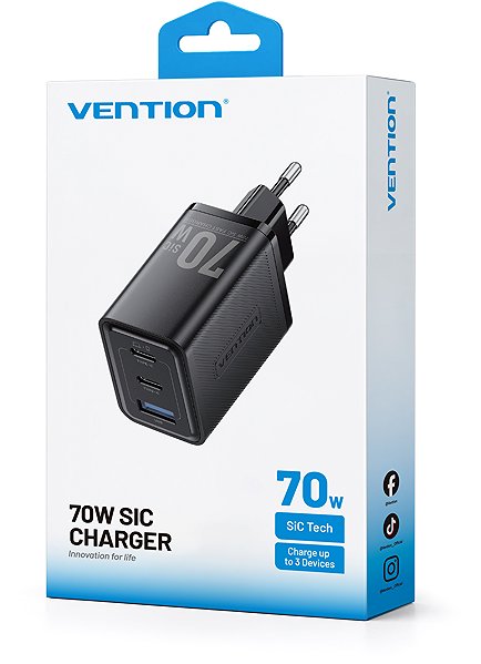 Netzladegerät Vention 3-Port USB (C + C + A) SiC Charger (70W/70W/22,5W) EU-Plug Black ...