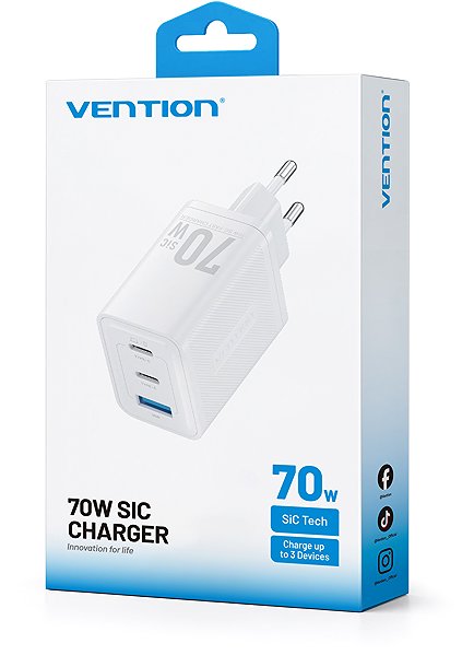 Netzladegerät Vention 3-Port USB (C + C + A) SiC Charger (70W/70W/22,5W) EU-Plug White ...