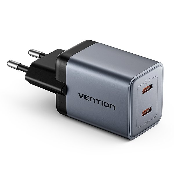 Wall Charger Vention 2-Port USB (C + C) GaN Charger (45W/45W) EU-Plug Grey ...