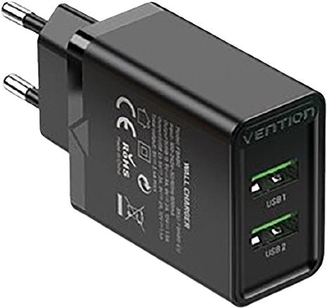 AC Adapter Vention 2-Port USB (A+A) Wall Charger (18W + 18W) Black Lateral view