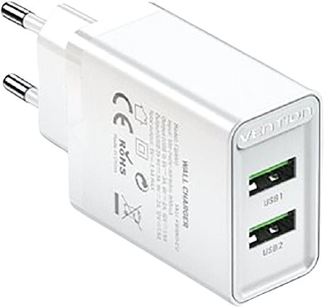 AC Adapter Vention 2-Port USB (A+A) Wall Charger (18W + 18W) White Lateral view