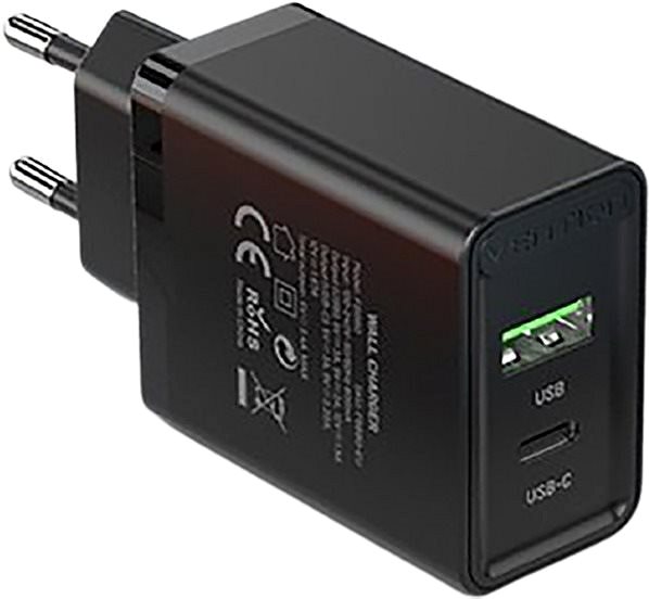 AC Adapter Vention 2-Port USB (A+C) Wall Charger (18W + 20W PD) Black Lateral view