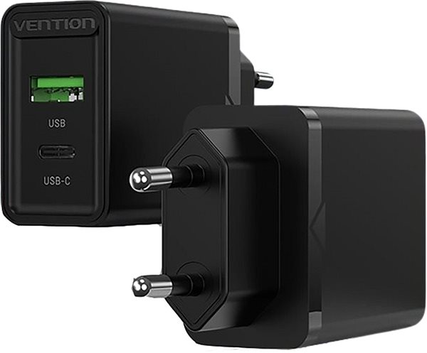 AC Adapter Vention 2-Port USB (A+C) Wall Charger (18W + 20W PD) Black Lateral view