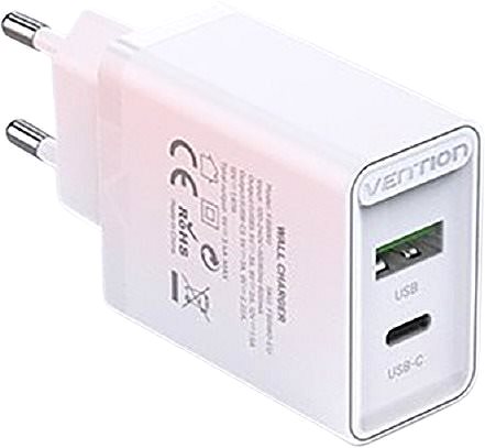 AC Adapter Vention 2-Port USB (A+C) Wall Charger (18W + 20W PD) White Lateral view