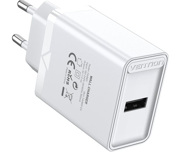 AC Adapter Vention 1-port USB Wall Charger (12W) White Lateral view