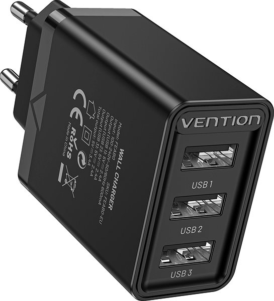 AC Adapter Vention 3-port USB Wall Charger (12W/12W/12W) Black Lateral view