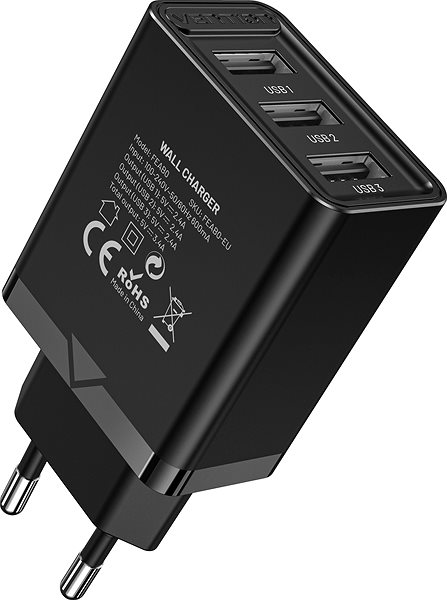 AC Adapter Vention 3-port USB Wall Charger (12W/12W/12W) Black Lateral view