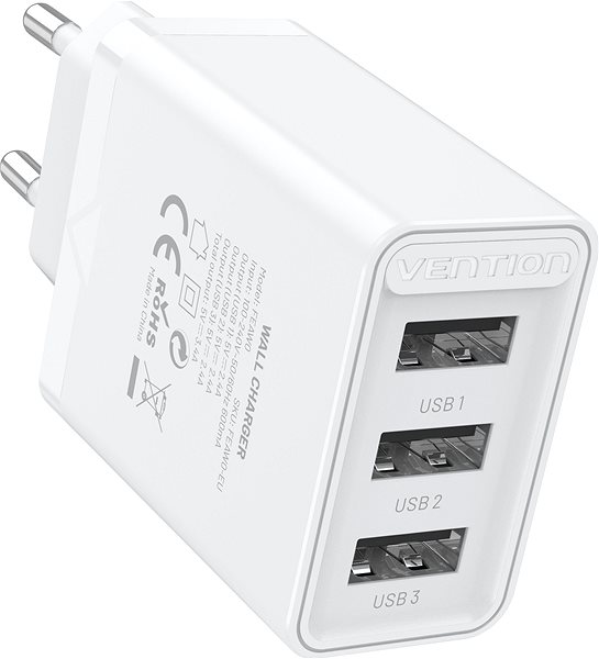 AC Adapter Vention 3-port USB Wall Charger (12W/12W/12W) White Lateral view