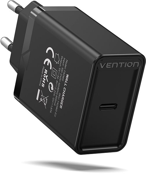 AC Adapter Vention 1-port USB-C Wall Charger (20W) Black Lateral view