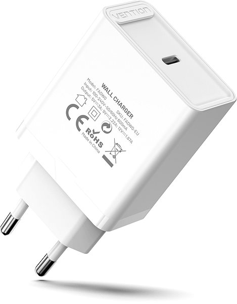 AC Adapter Vention 1-port USB-C Wall Charger (20W) White Lateral view
