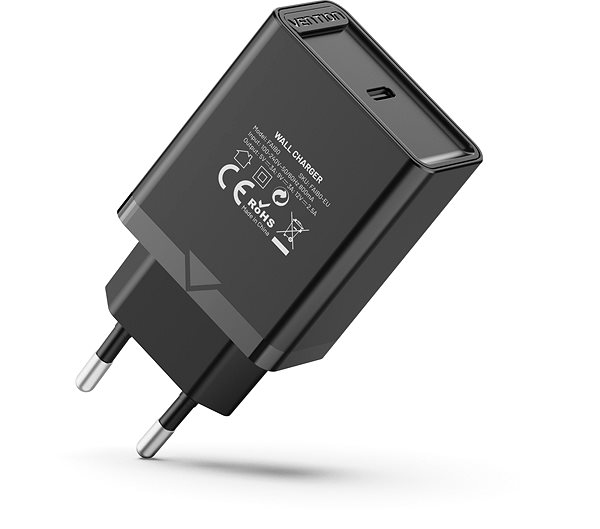 AC Adapter Vention 1-port USB-C Wall Charger (30W) Black Lateral view